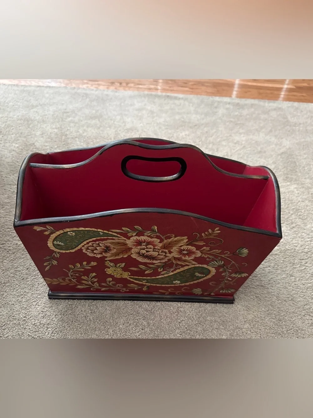 Vintage Style Red Floral Paisley Wooden Magazine Rack Organizer